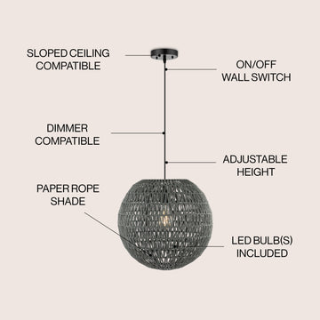 Luna 15.75" Bohemian Modern Woven Rattan/Iron LED Pendant